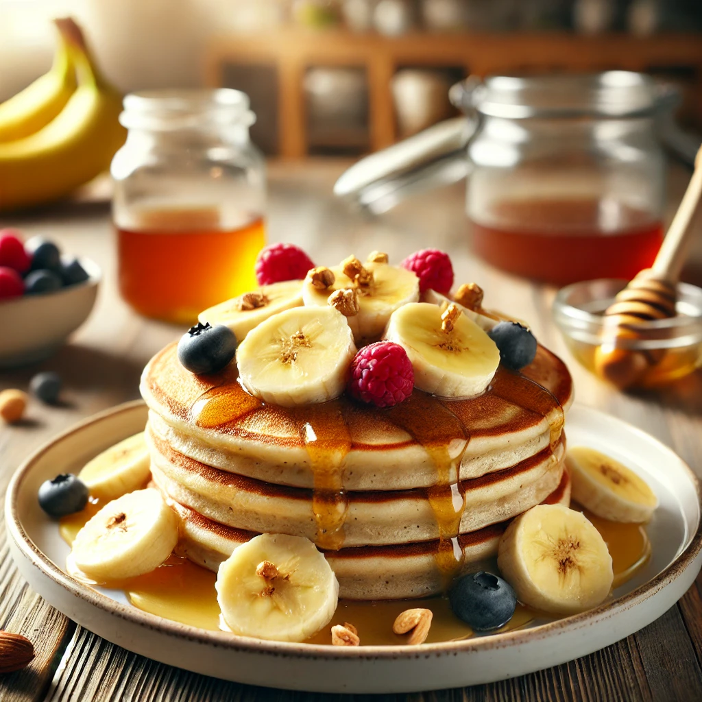 Panqueca de Whey Protein com Banana 1 DALL·E 2024 09 21 18.37.19 A delicious and fluffy banana whey protein pancake on a white plate topped with fresh banana slices drizzled with honey and surrounded by a few sca